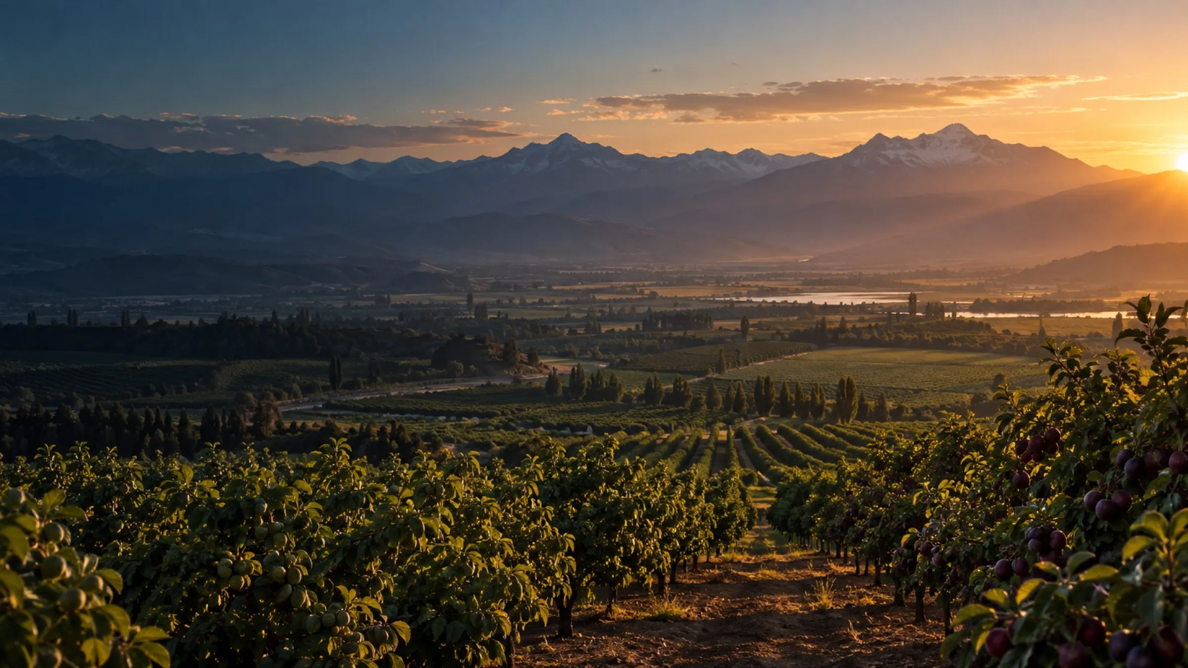 Valle agrícola chileno al amanecer con la cordillera de los Andes al fondo